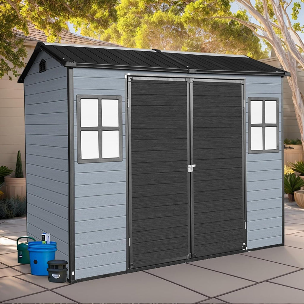 KEIKI 8X4 FT Outdoor Resin Garden Shed with Floor and 2 Windows, Plastic Patio Outdoor Storage Shed with Lockable Door for Garden Tools, Bicycles, Trash Cans, Gray+Black