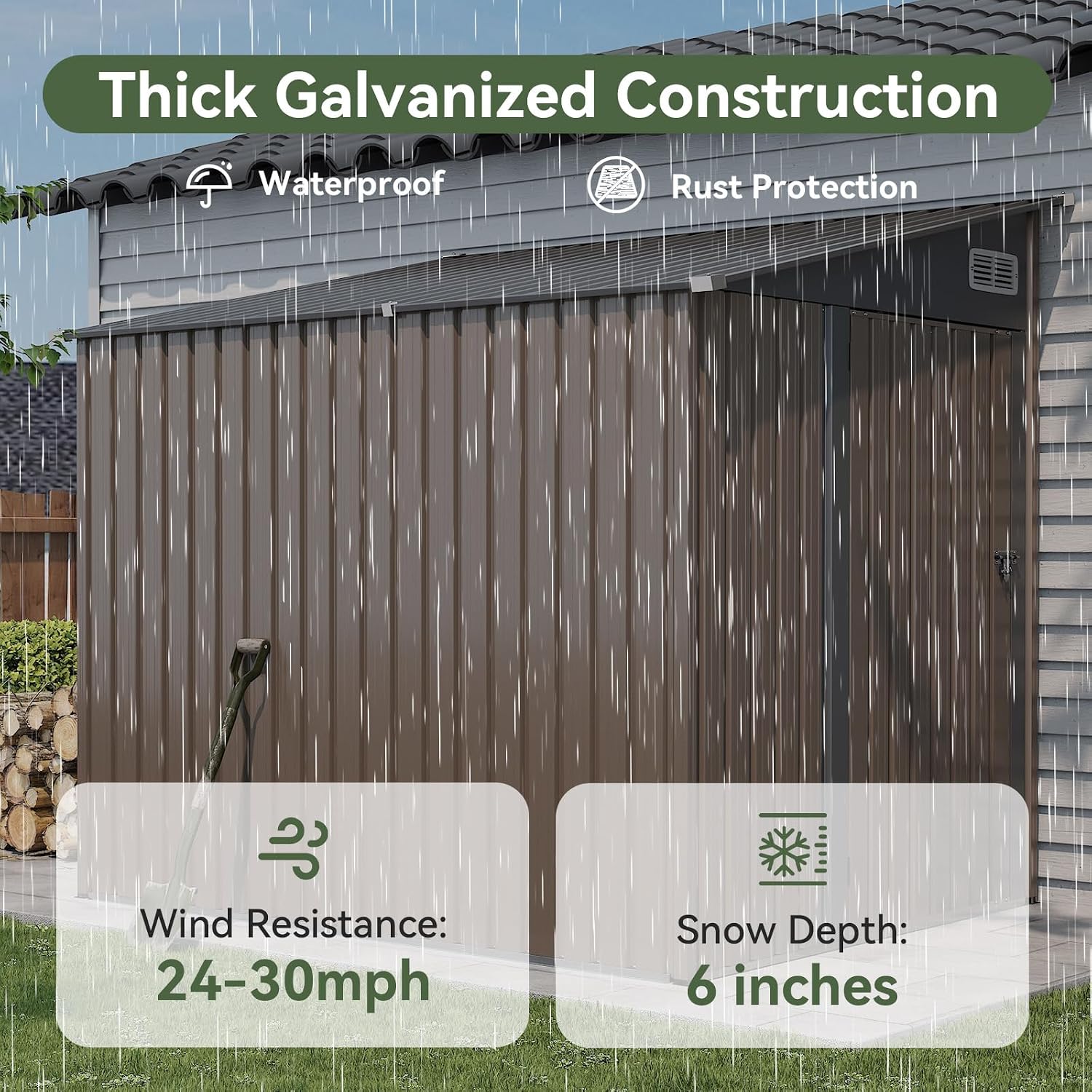 7'x5.5' Lean to Shed Large Storage Room Galvanized Steel Storage Sheds with Side Door Waterproof Utility Shed with Sloped Roof for Mower, Bike, Garden Tools (Brown)