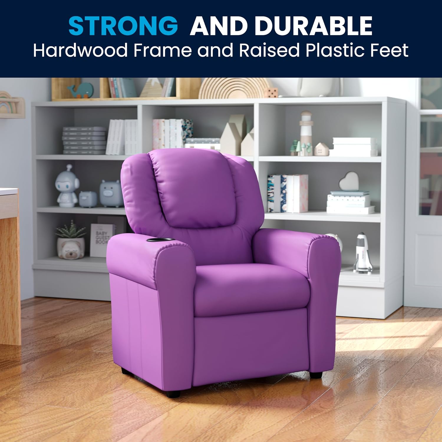 Flash Furniture Vana Vinyl Kids Recliner with Cup Holder, Headrest, and Safety Recline, Contemporary Reclining Chair for Kids, Supports up to 90 lbs., Lavender