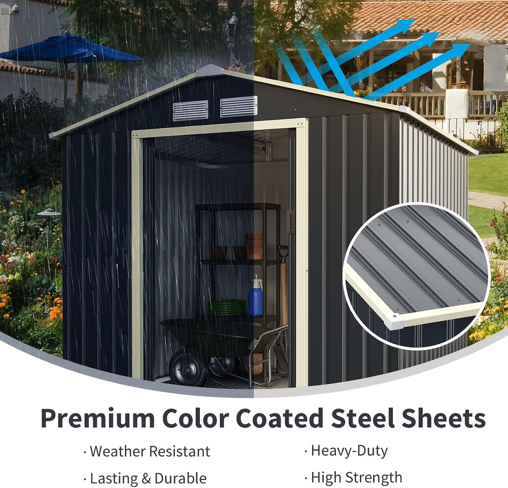 Goplus Outdoor Storage Shed, 7' X 6' Metal Garden Shed with 4 Vents & Double Sliding Door, Utility Tool Shed Storage House for Backyard, Patio, Lawn