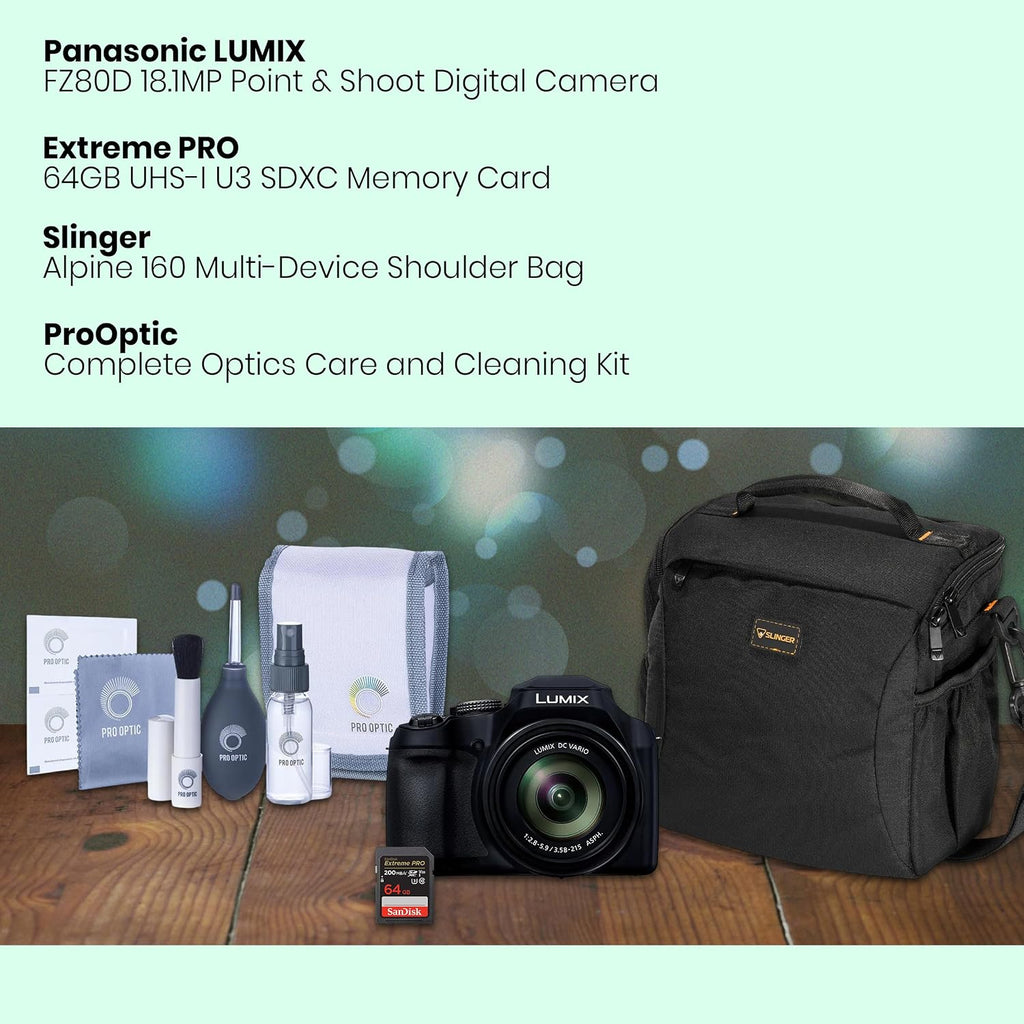 Panasonic LUMIX FZ80D Point & Shoot Digital Camera, 18.1MP, 4K Photo/Video, 60x Zoom (20-1200mm) Lens, Power O.I.S., Bundle w/ 64GB Card, Shoulder Bag, Cleaning Kit, Panasonic 1-Year Warranty