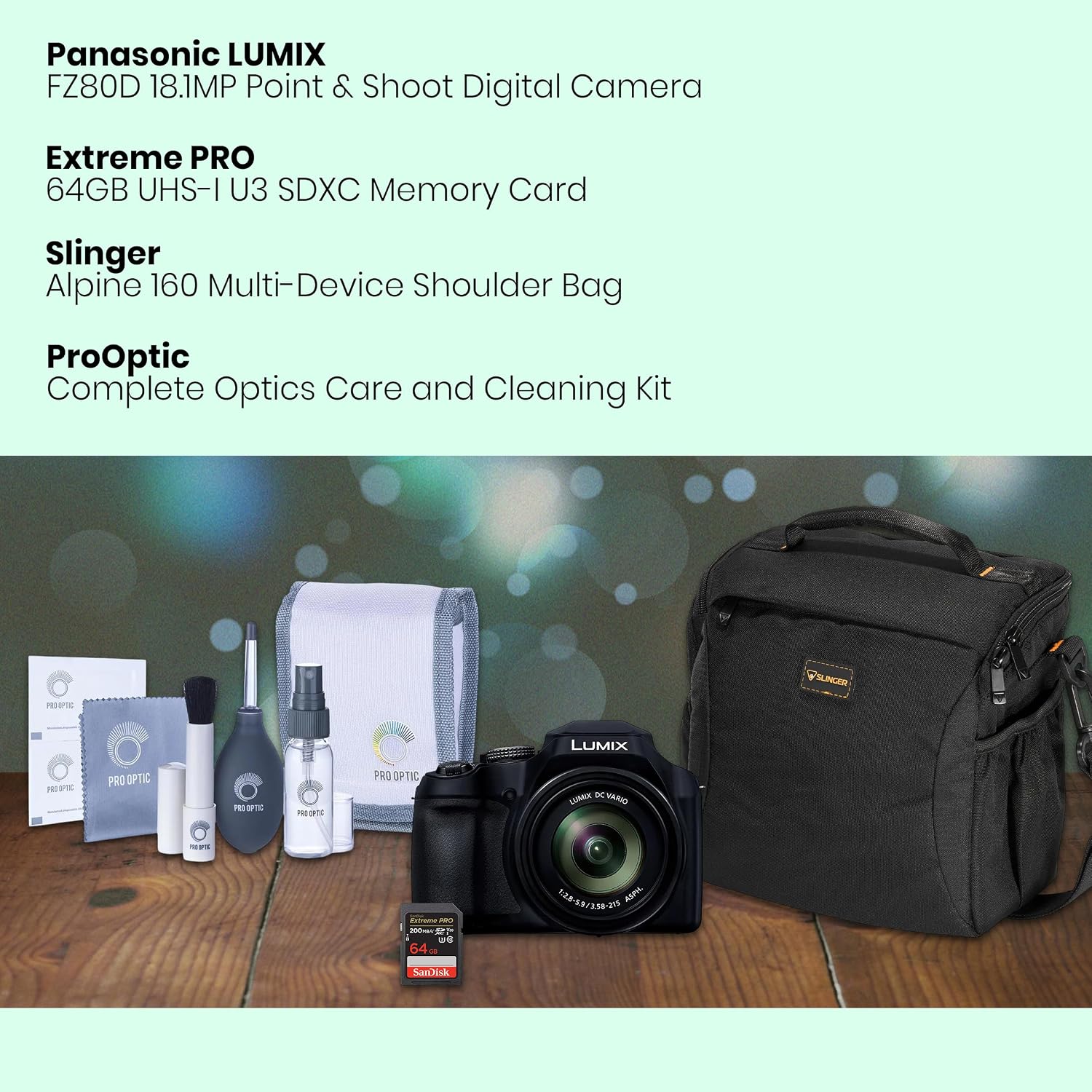 Panasonic LUMIX FZ80D Point & Shoot Digital Camera, 18.1MP, 4K Photo/Video, 60x Zoom (20-1200mm) Lens, Power O.I.S., Bundle w/ 64GB Card, Shoulder Bag, Cleaning Kit, Panasonic 1-Year Warranty