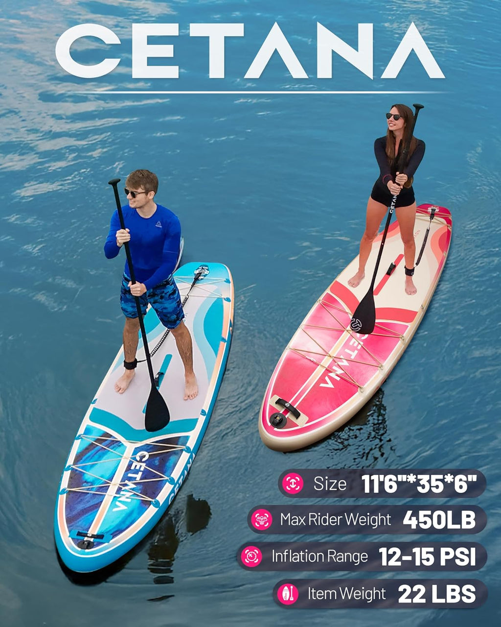 CETANA 11'6×35' Extra Wide Inflatable Paddle Board,Stand Up Paddle Board for Beginner,450lb Capacity SUP for Family with Safety Leash,3 Removable Fins,Dual-Action Pump& Floating Paddle