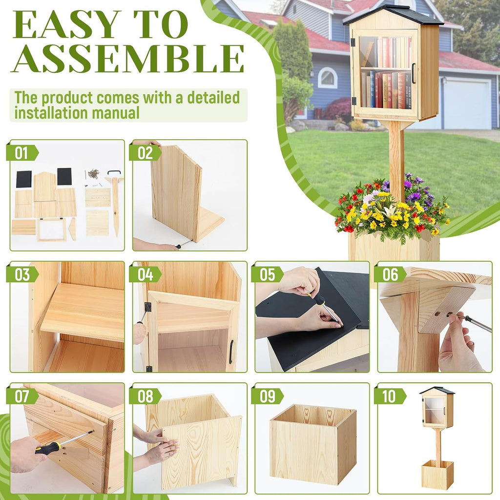 Wonderjune Little Library Box Outdoor, Durable Weatherproof Solid Wood Book Exchange Box with Floor Plugs and Small Flower Fence for Community, Literature, School Sharing Book(Natural Wood,Steepletop)
