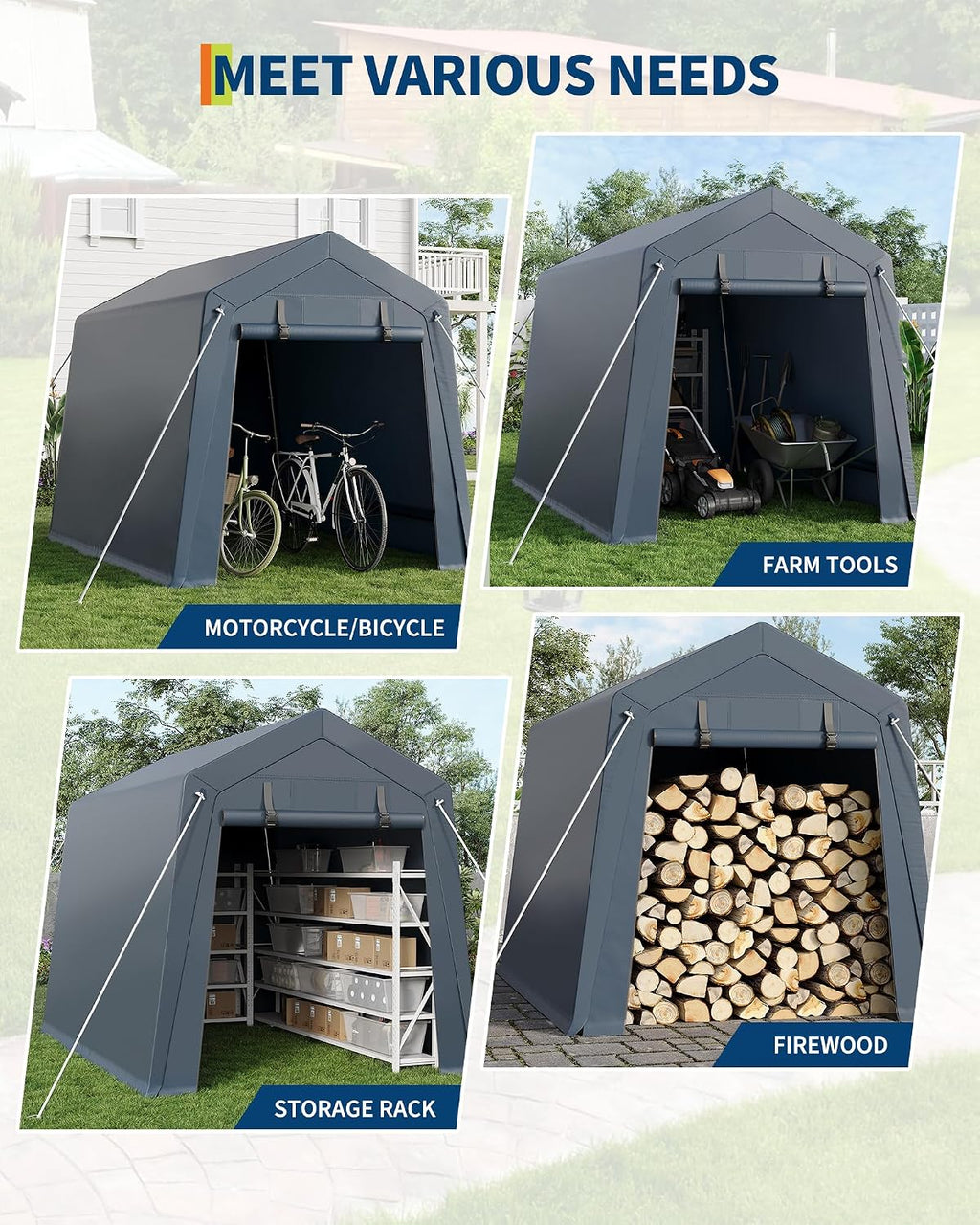 GarveeLife 6x6 ft Portable Outdoor Storage Shed with Roll-Up Zipper Door & Vent, 240G Heavy-Duty Shelter Waterproof PE Tarp, UV-Resistant Carport for Motorcycle, Firewood, Tools -Gray