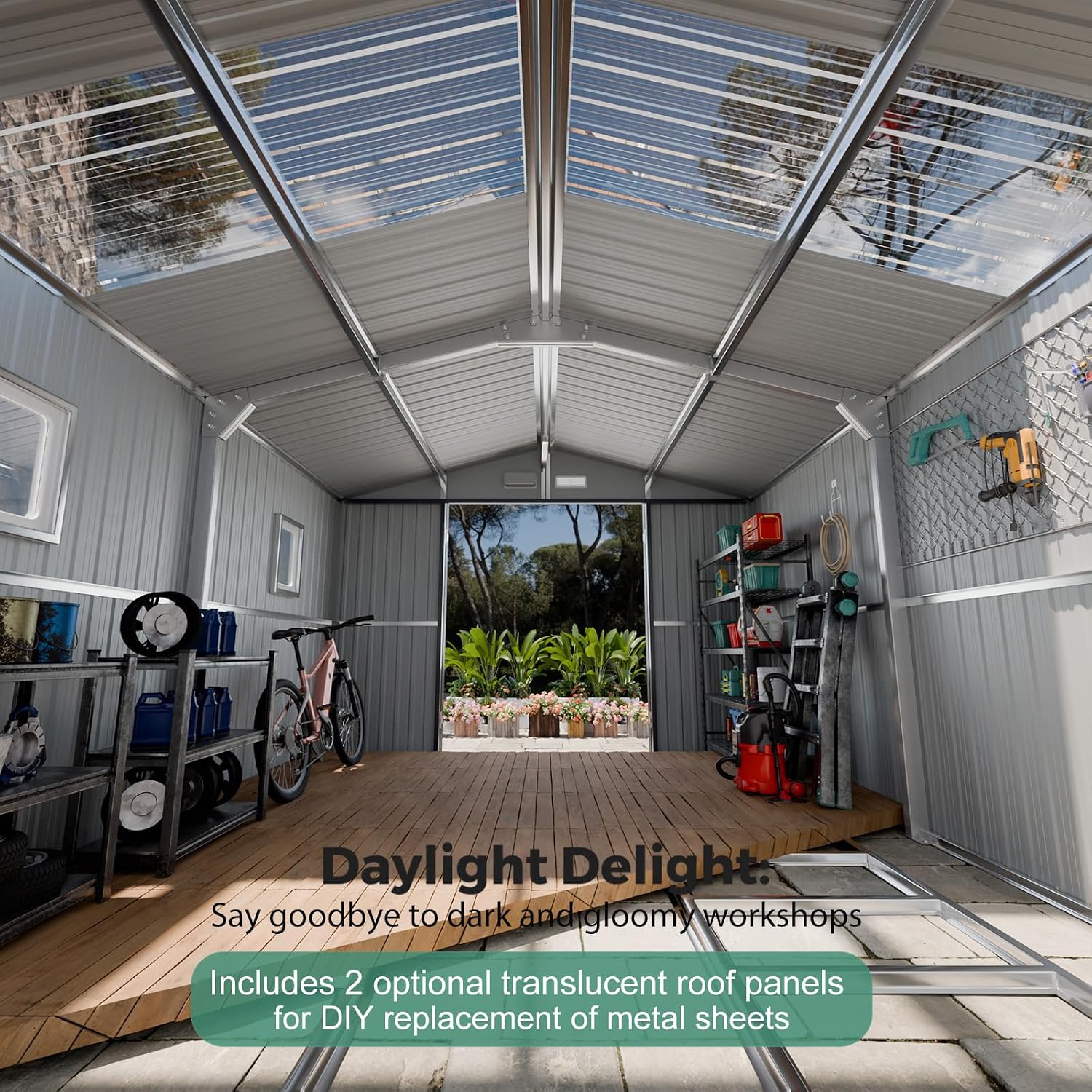 WACASA 10x12 FT Metal Shed with Base Frame Floor Kit | Heavy-Duty Military-Grade 20-Gauge Reinforced Frame with Powder Coating | 50 PSF Snow Load & 120 MPH Wind Rated | Skylight Tiny House Building