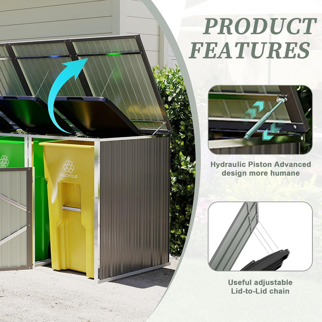 Montary 85 CU.FT Metal Outdoor Garbage Bin Storage Shed with Chain Lid, Waterproof Trash Can Organizer for 3 Bins, Garden Tools for Garden Yard Lawn, Grey