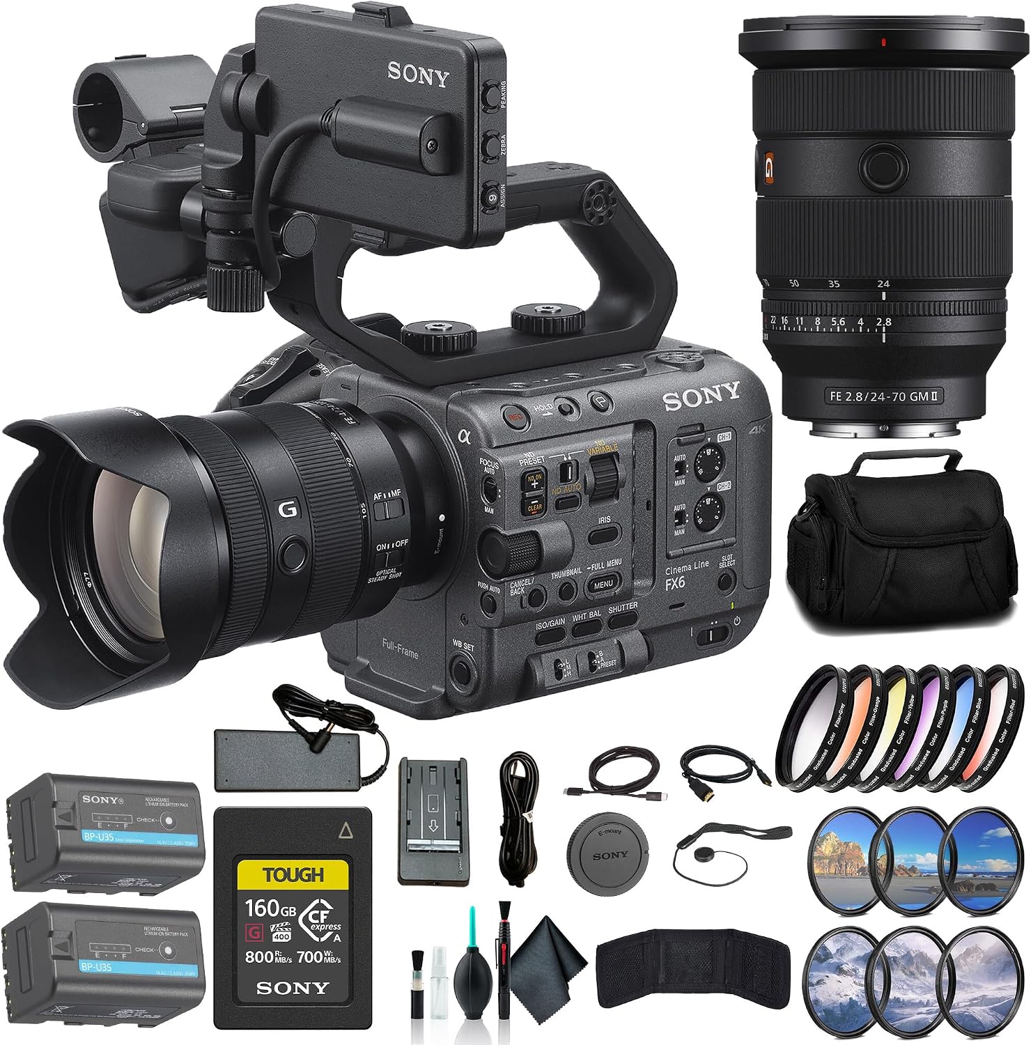 Sony FX6 Digital Cinema Camera Kit with 24-105mm Lens ILME-FX6VK, Sony FE 24-70mm Lens, 160GB Memory Card, BP-U35 Battery, Filter Kit, Color Filter Kit, Bag, Memory Card Wallet, and More