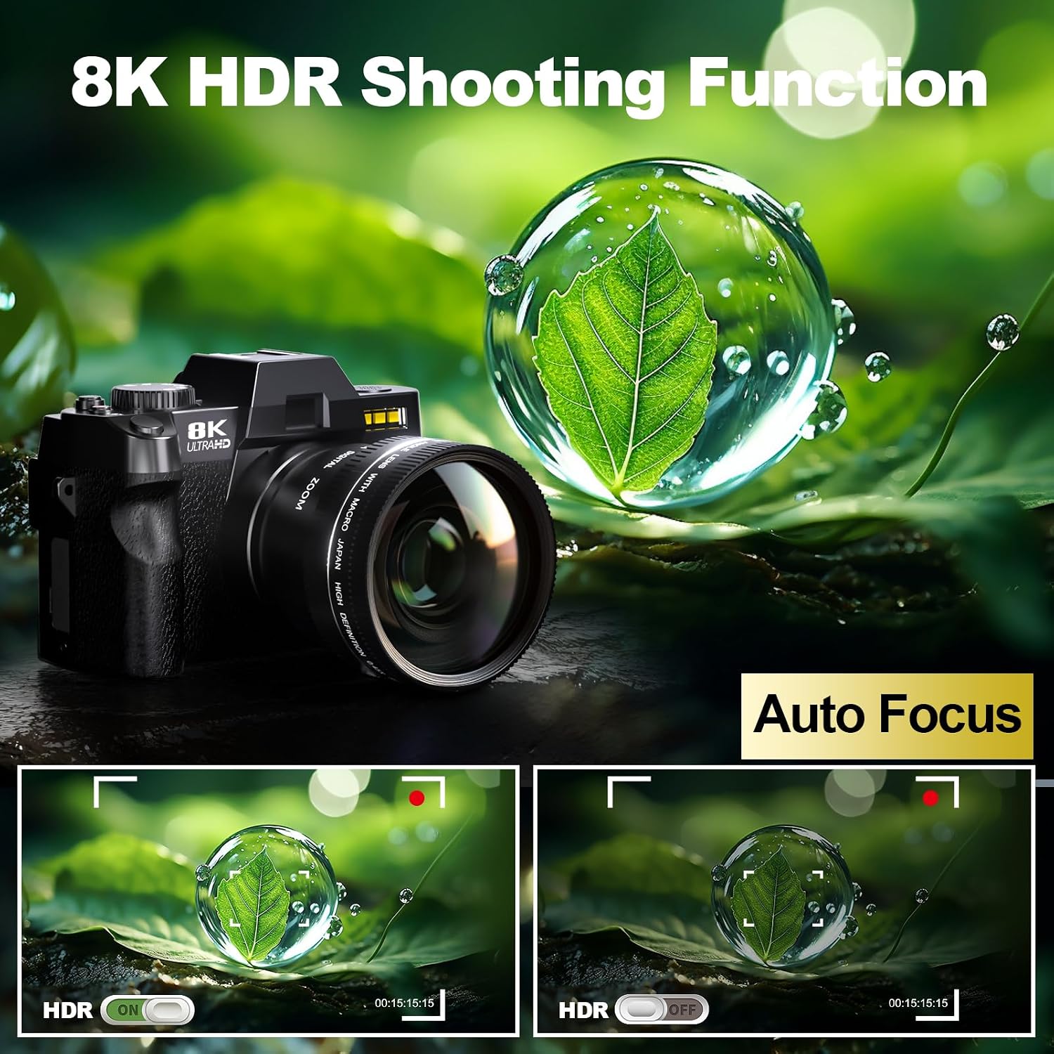 8K Digital Cameras for Photography, 64MP vlogging Camera with 180°Flip Screen，2 Batteries, 64GB TF Card，16X Zoom, WiFi,Microphone, Wide & Macro Lens Kit (Black)