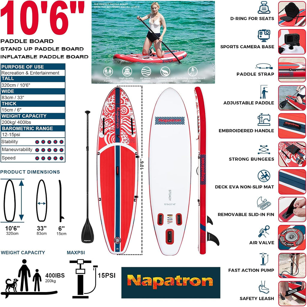 Napatron Inflatable Paddle Board, 10'6' Ultra Lightweight SUP with Adjustable Paddle, Anti-Slip Deck,Coiled Leash & Carry Bag,Stable All-Around Stand Up Paddle Board for Adults