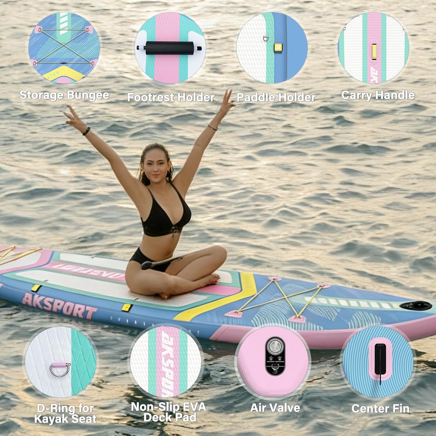 AKSPORT 11' Inflatable Stand-Up Paddle Board with Upgraded SUP Accessories Kit | Extra Wide 34' Design | Non-Slip Deck | Premium SUP Board for Adults & Youth of All Levels