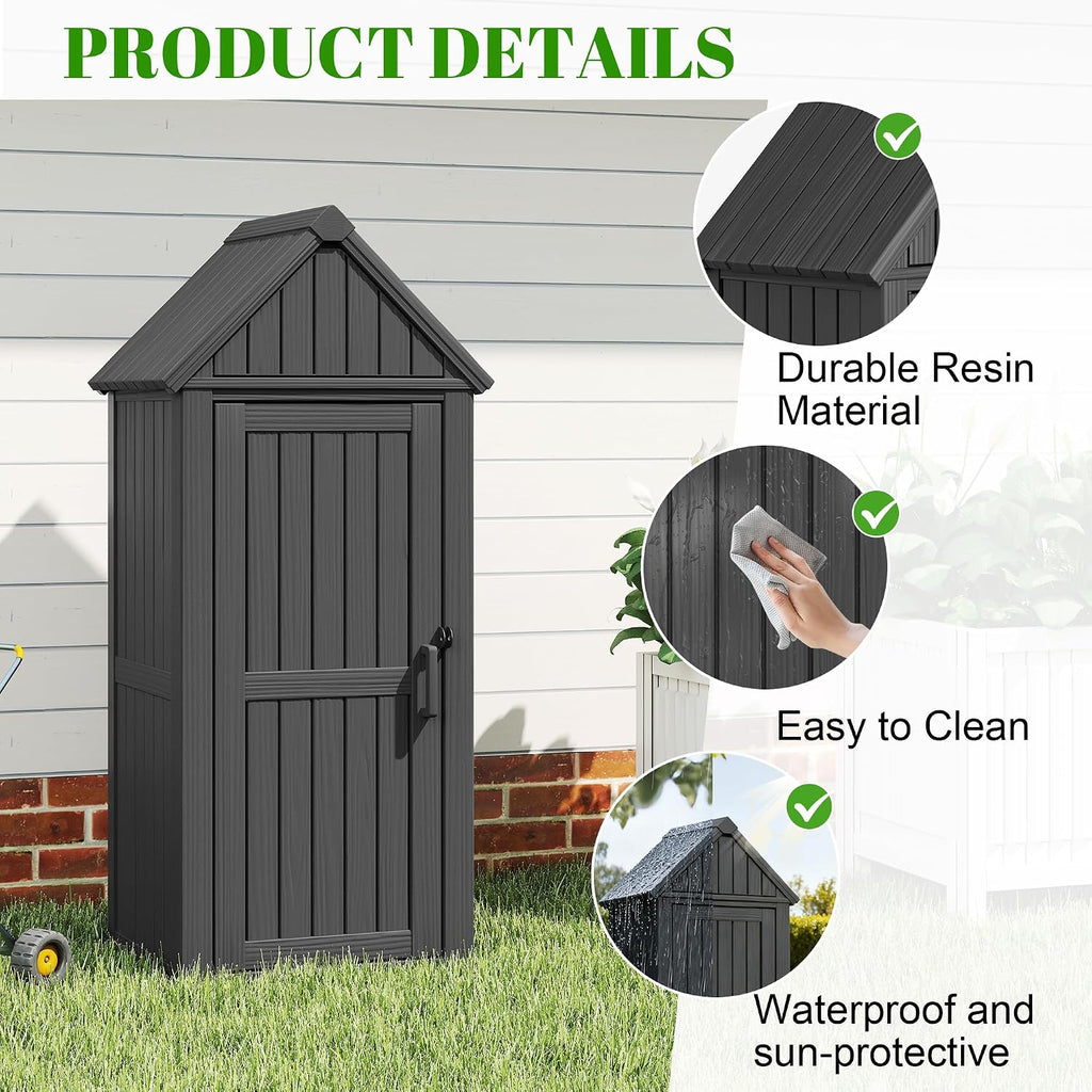 Vertical Outdoor Storage Shed, Waterproof Resin Outdoor Storage Cabinet with Removable Shelves & 12 Hooks, Lockable Small Tool Shed for Garden, Backyard, Patio, Pool, Black