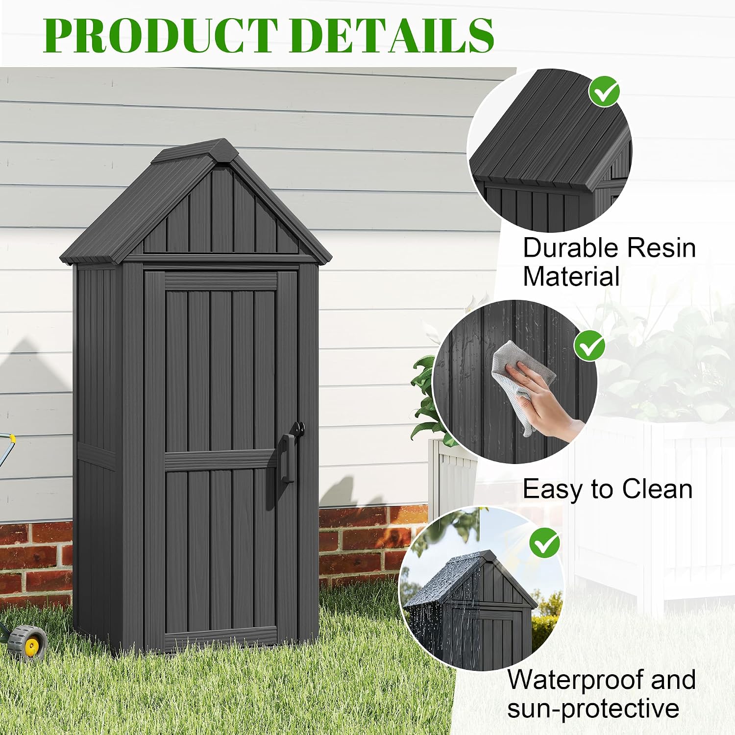 Vertical Outdoor Storage Shed, Waterproof Resin Outdoor Storage Cabinet with Removable Shelves & 12 Hooks, Lockable Small Tool Shed for Garden, Backyard, Patio, Pool, Black