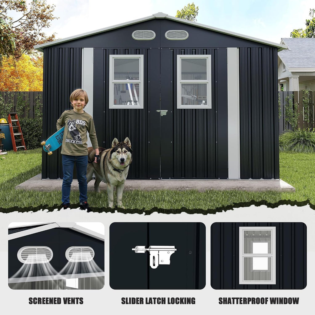 8x8 FT Outdoor Storage Shed:Heavy-Duty Metal Garden Sheds & Outdoor Storage Solution with 4 Daylight Windows,Lockable Doors,Waterproof&UV-Resistant,Shed for Backyard Tool Storage (Dark Gray)