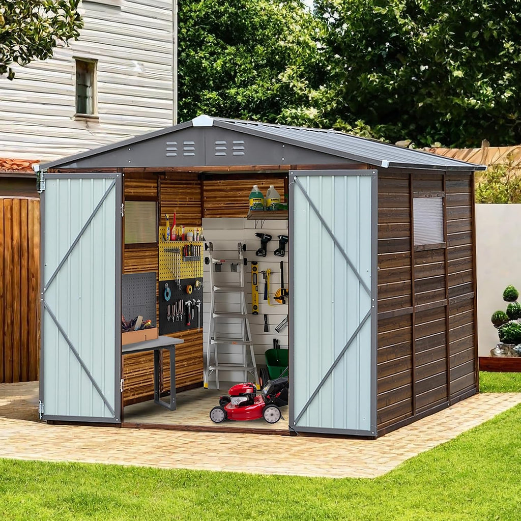 Shed 8' x 8' Storage Shed, 8x8 FT Wood Sheds & Outdoor Storage Clearance, Utility and Tool Garden Shed, Waterproof Storage Shed Large with Lockable Doors for Backyard, Patio, Outside Use