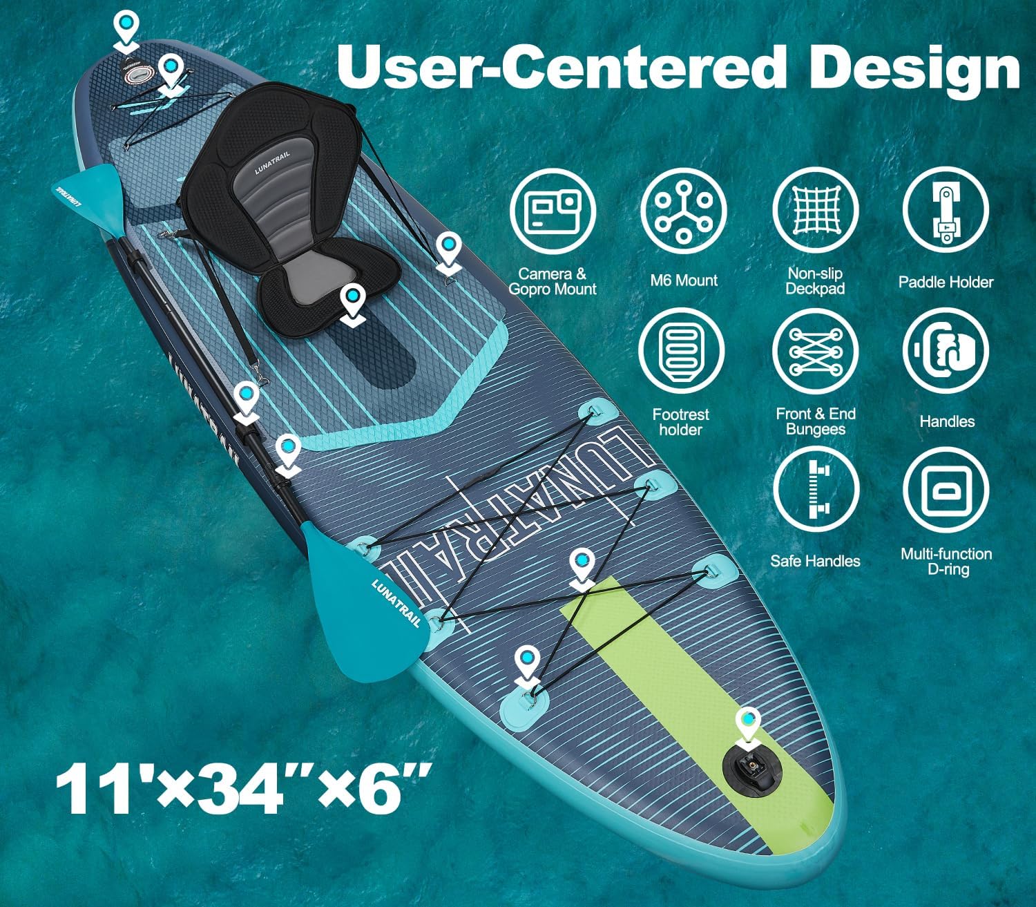 【11'×34'】 Extra Long/Extra Wide Premium Inflatable Stand Up Paddle Board (SUP) – Portable & Lightweight for Yoga, Surfing, Family Fun | Complete Kit with Paddle, Pump, Bag | Durable Design