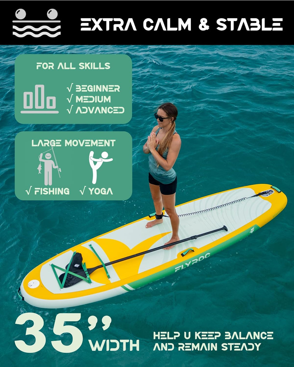 11'x35 Extra Wide Inflatable Paddle Board, 430lb Capacity Stable Paddleboard for Yoga, Stand up Paddle Board for Adults(x3), Full Coverage EVA Deck, 5 Handles, 100L Backpack, All-Round