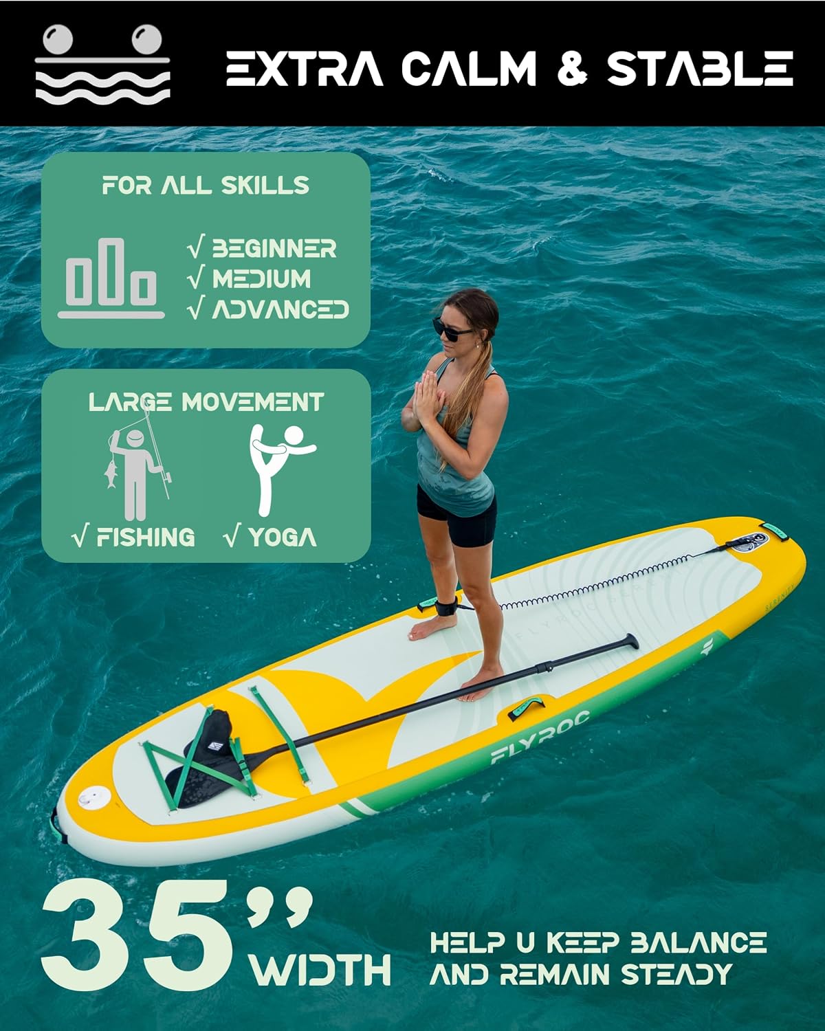 11'x35 Extra Wide Inflatable Paddle Board, 430lb Capacity Stable Paddleboard for Yoga, Stand up Paddle Board for Adults(x3), Full Coverage EVA Deck, 5 Handles, 100L Backpack, All-Round