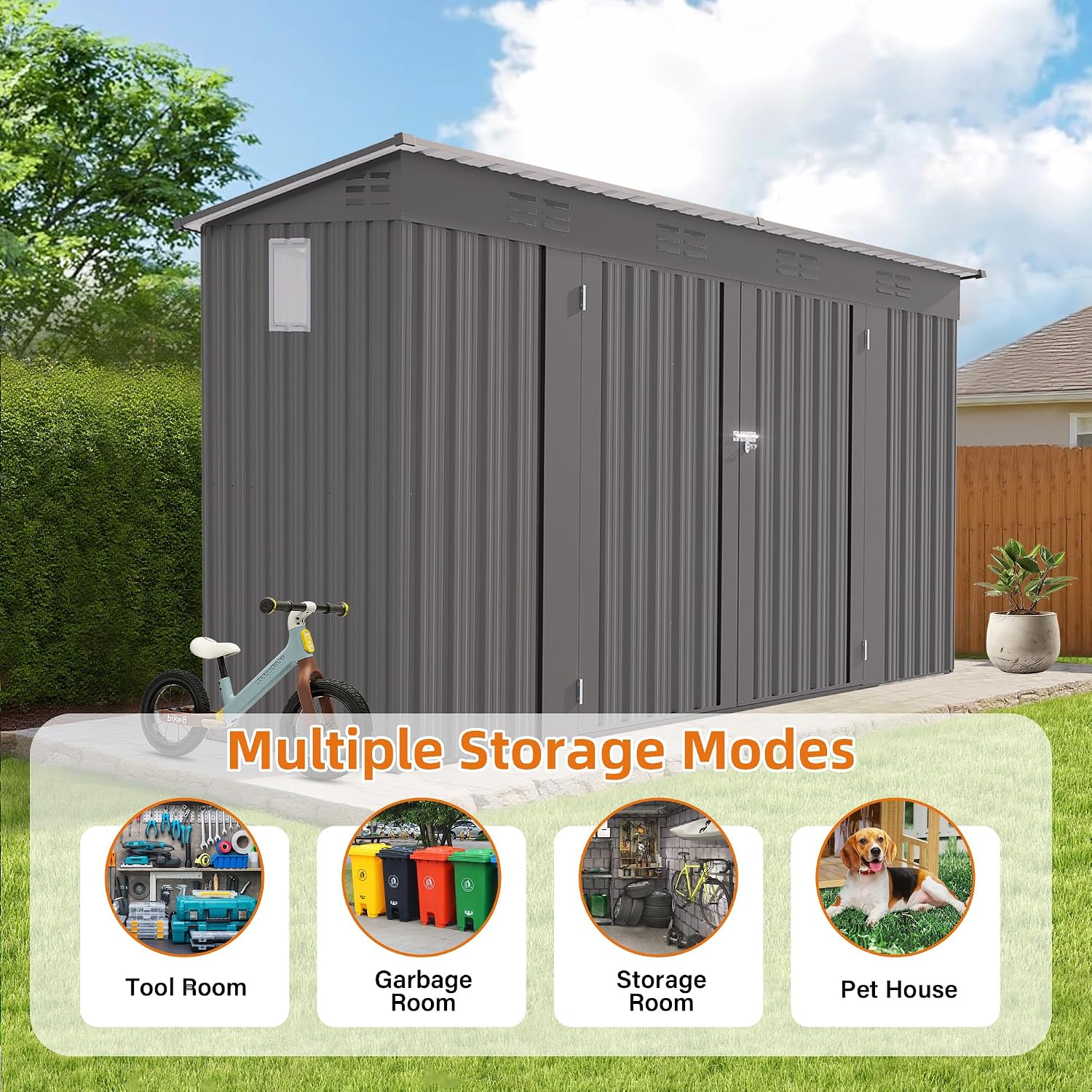 YOPTO 4x9 FT Outdoor Storage Shed,Metal Shed W/Window,Garden Storage Shed W/ 6 Air Vents & 2 Swing Doors,Weatherproof Tool House W/Sloped Roof,for Backyard Patio Lawn,Gray