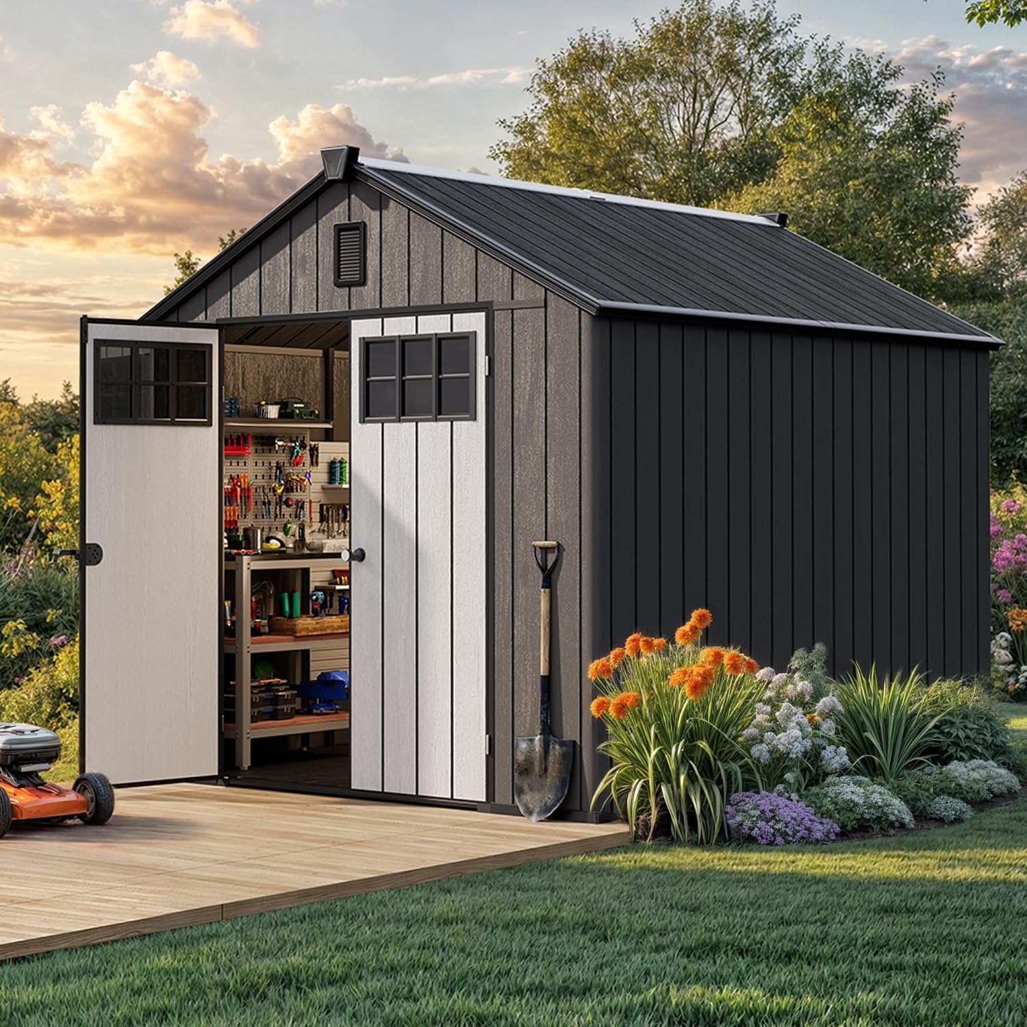 YITAHOME 8x10 FT Outdoor Storage Shed with Floor, Extra Thick Plastic Garden Shed for Bikes, Tools and Pool Supplies, Outdoor Resin Shed with Door Window Insert, Vents for Patio, Lawn, Backyard, Black