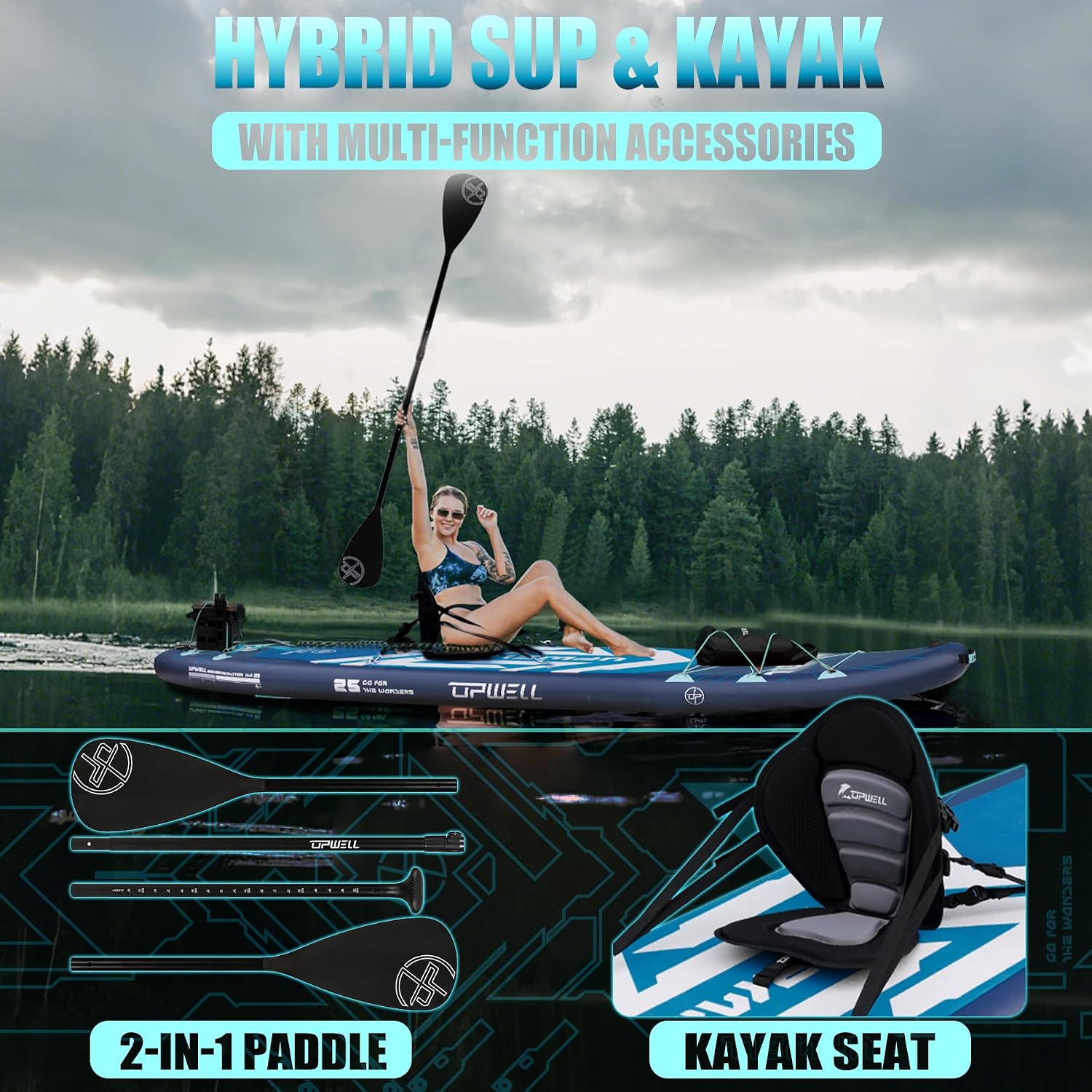 UPWELL 11'6'×35' Extra Wide Inflatable Paddle Board, Stand Up Paddle Board for Youth & Adults, Stable Design, Premium SUP Accessories, 120L Backpack, 10L Dry Bag, Paddle, Leash, Hand Pump, US Fins