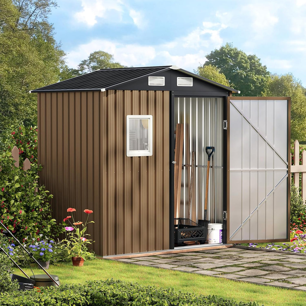 MistMo 6X4FT Outdoor Steel Storage Shed with Lockable Doors, One Window,Ideal for Garden, Backyard, Patio Storage,Brown