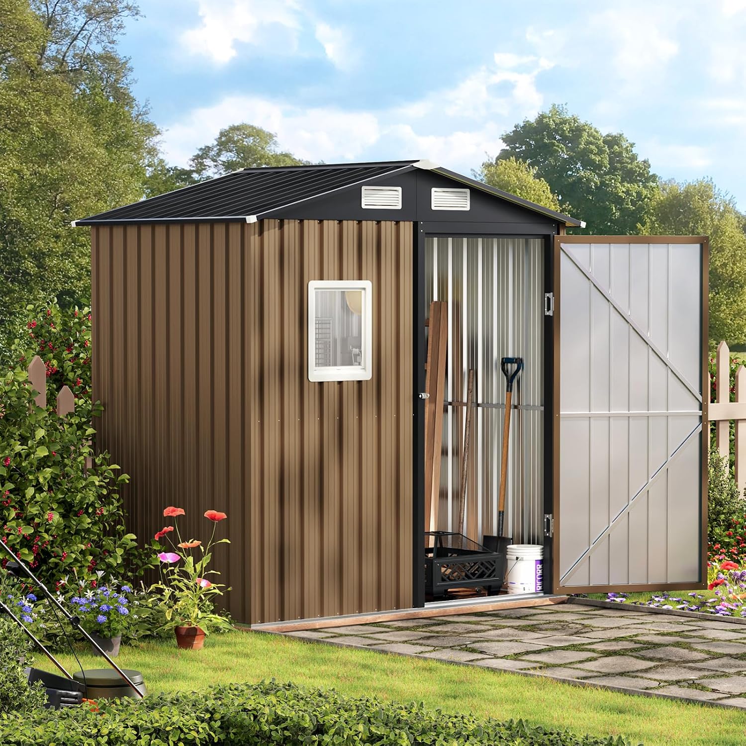 MistMo 6X4FT Outdoor Steel Storage Shed with Lockable Doors, One Window,Ideal for Garden, Backyard, Patio Storage,Brown