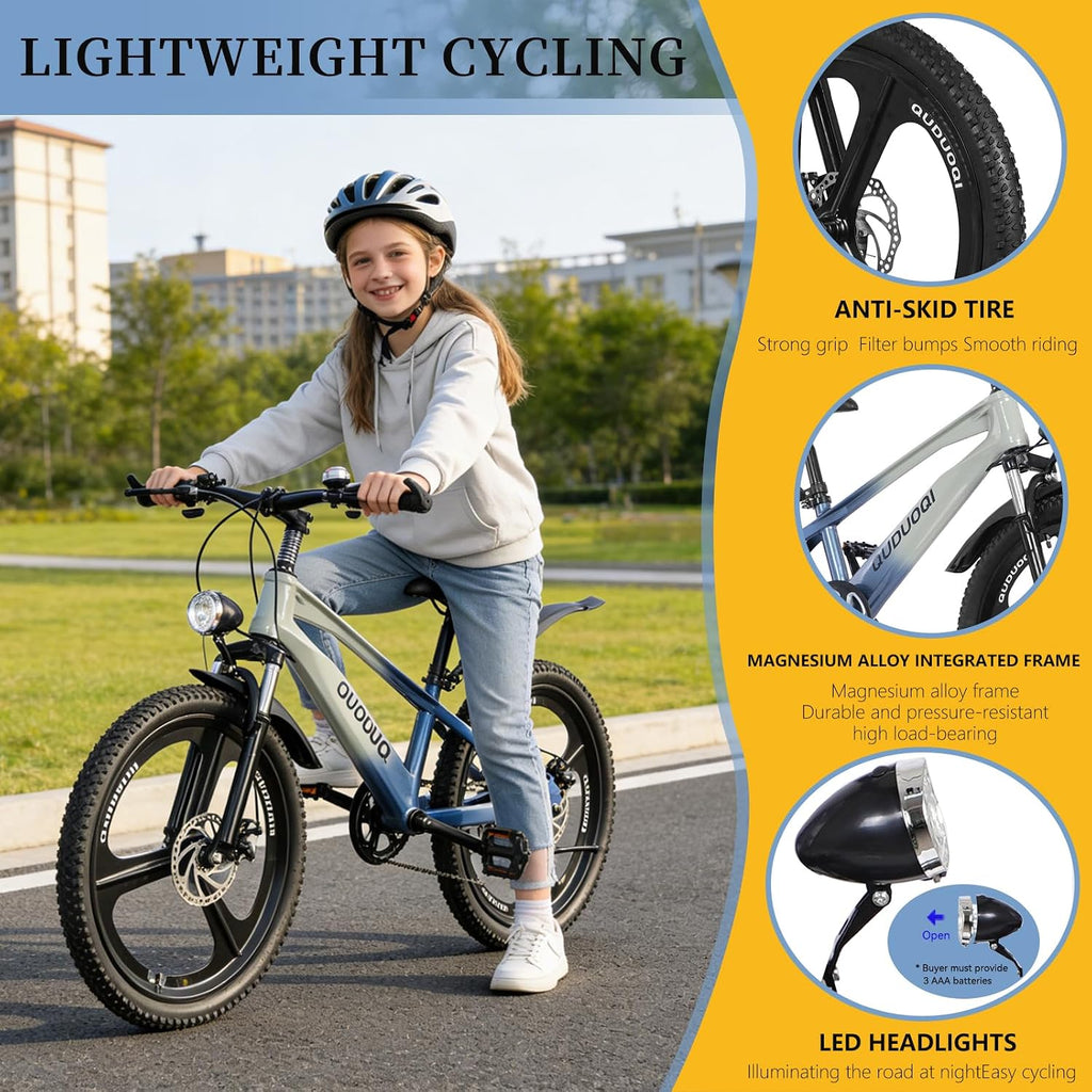 20 Inch Mountain Bike Bicycle for Kids Ages 7-12 with Dual Disc Brakes, 7 Speeds, Shock Absorber, LED Lights,for Boys & Girls