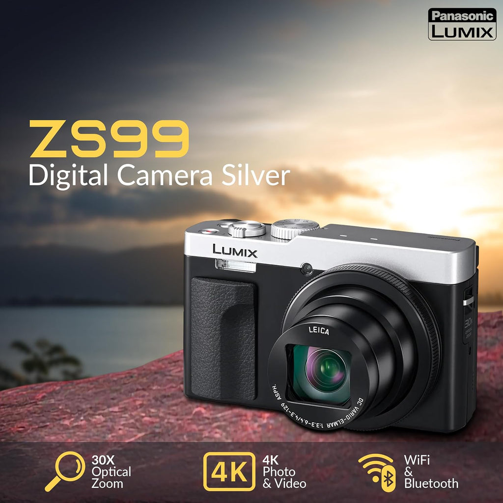 Panasonic LUMIX ZS99 Black Compact Point and Shoot Digital Camera (DC-ZS99K) Bundle with - 128GB SD Card, Shoulder Ba, Extra Battery, Tripod, Photo Video Software, Care Kit (Silver)