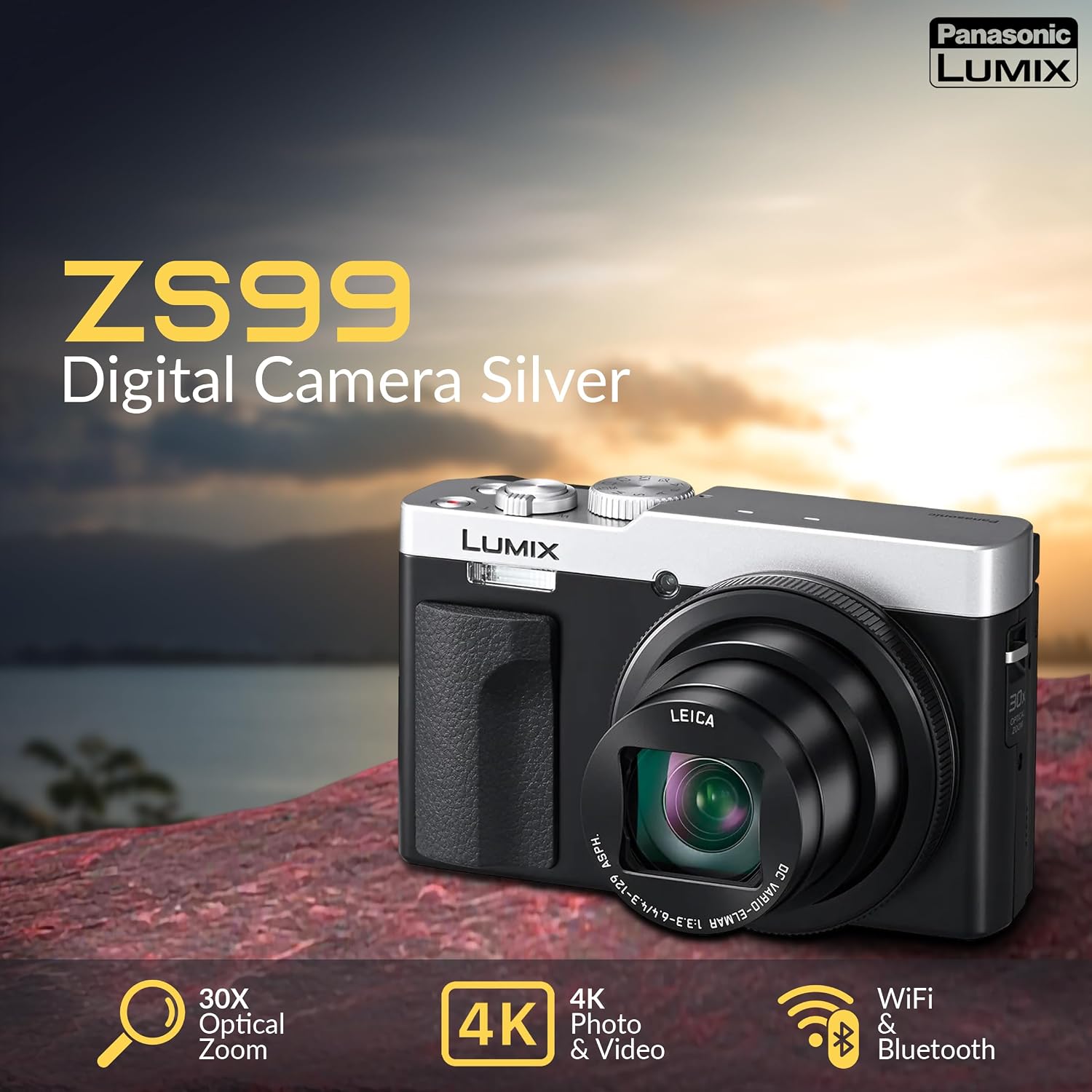 Panasonic LUMIX ZS99 Black Compact Point and Shoot Digital Camera (DC-ZS99K) Bundle with - 128GB SD Card, Shoulder Ba, Extra Battery, Tripod, Photo Video Software, Care Kit (Silver)