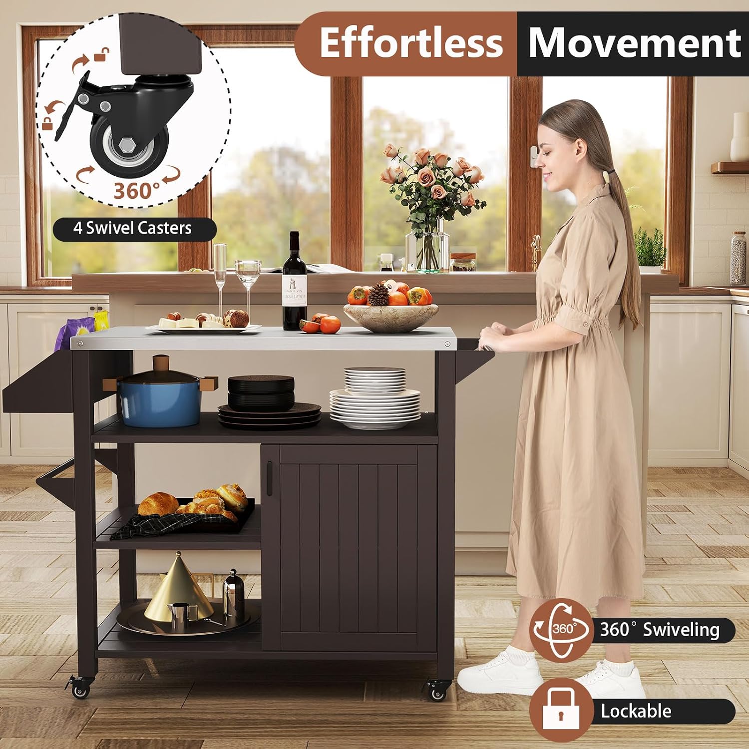 Giantex Outdoor Grill Cart with Storage Cabinet & Shelves, Patio Kitchen Island Table with Stainless Steel Top, Spice & Towel Rack, Movable Pizza Oven Stand on Wheels, Rolling Bar Cart BBQ Prep Table