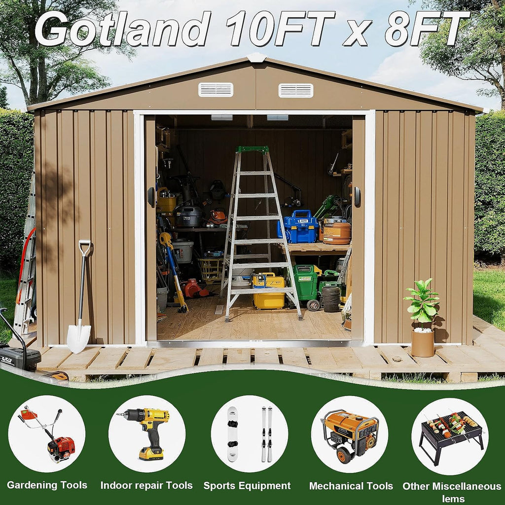 Gotland 10FT x 8FT Sheds & Outdoor Storage, Storage Shed with 1 Large Window Sloped Step, Metal Shed with 2 Lockable Slide Doors Air Vents, Outdoor Shed for Backyard Patio Lawn Brown