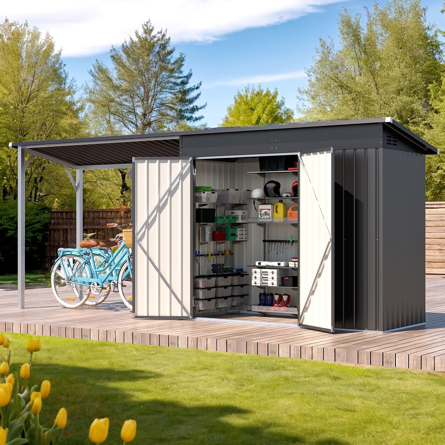 AECOJOY 8x4 FT Outdoor Storage Shed & Hardtop Gazebo Combo, 14x4FT Metal Lean to Shed with 6'x4' Open Pergola, 2-in-1 Tool Sheds & Outdoor Storage for Patio, Backyard, Garden