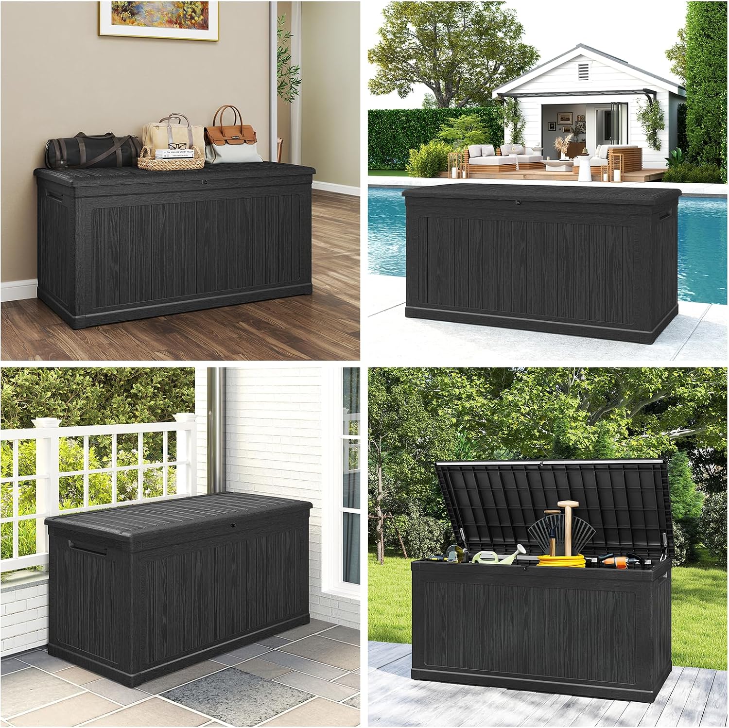 Skepphlay 260 Gallon Deck Box Large Outdoor Storage Box, Waterproof Pool Storage Cushion Boxes Bin, 440 lbs Load Capacity Black Outdoor Storage Bench for Garden, Patio