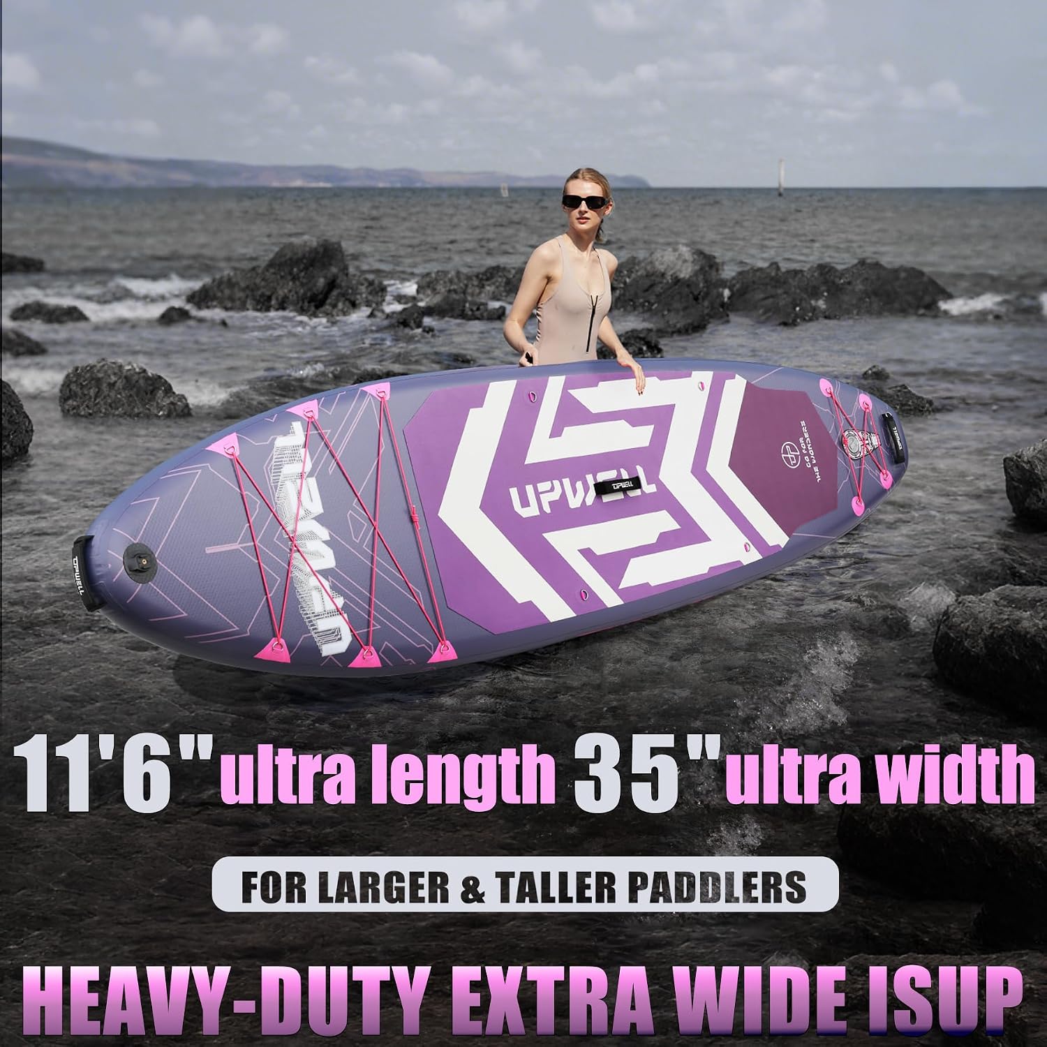 UPWELL 11'6'×35' Extra Wide Inflatable Paddle Board, Stand Up Paddle Board for Youth & Adults, Stable Design, Premium SUP Accessories, 120L Backpack, 10L Dry Bag, Paddle, Leash, Hand Pump, US Fins