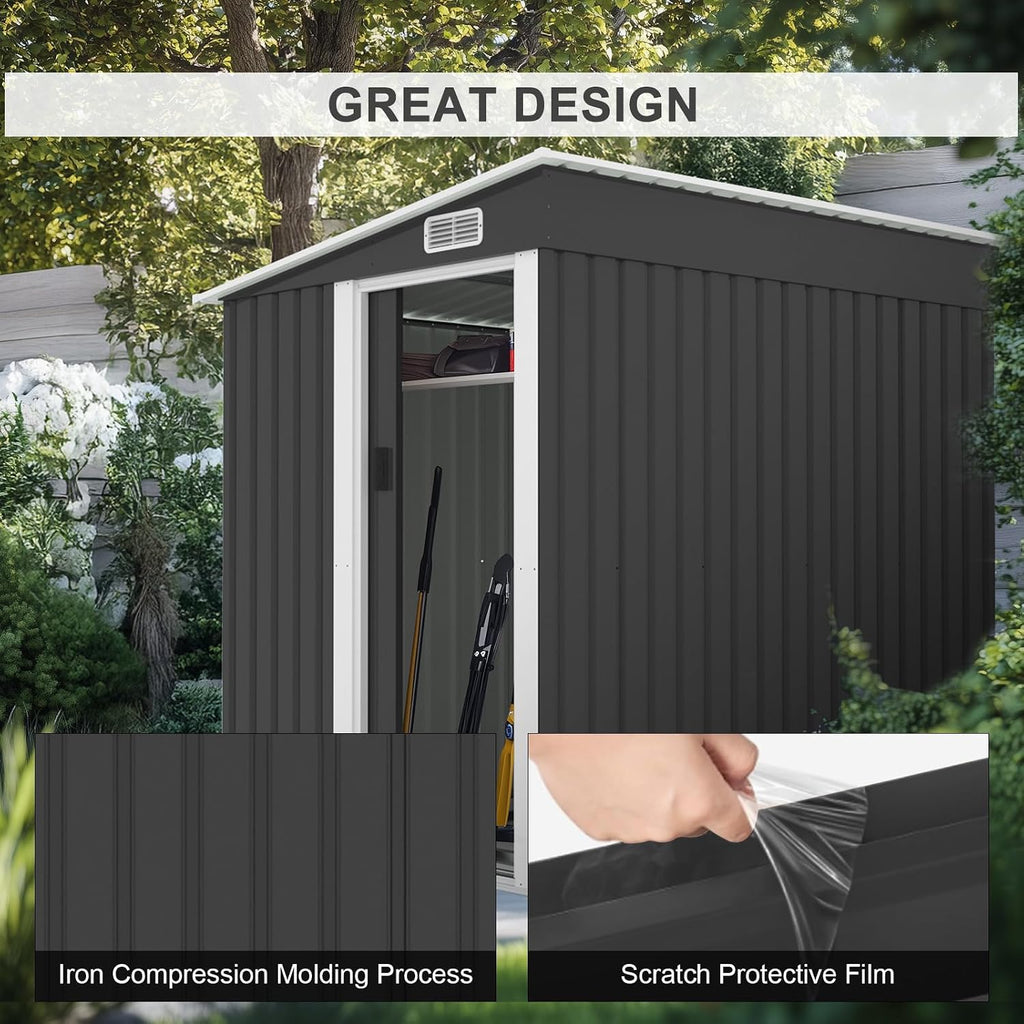 VINGLI Outdoor Storage Shed, 7x5 FT Metal Shed with Sliding Door, Air Vent, Patio Storage House with Sloping Roof, Weatherproof Tool Shed for Patio, Garden, Yard, Outside Use, Black