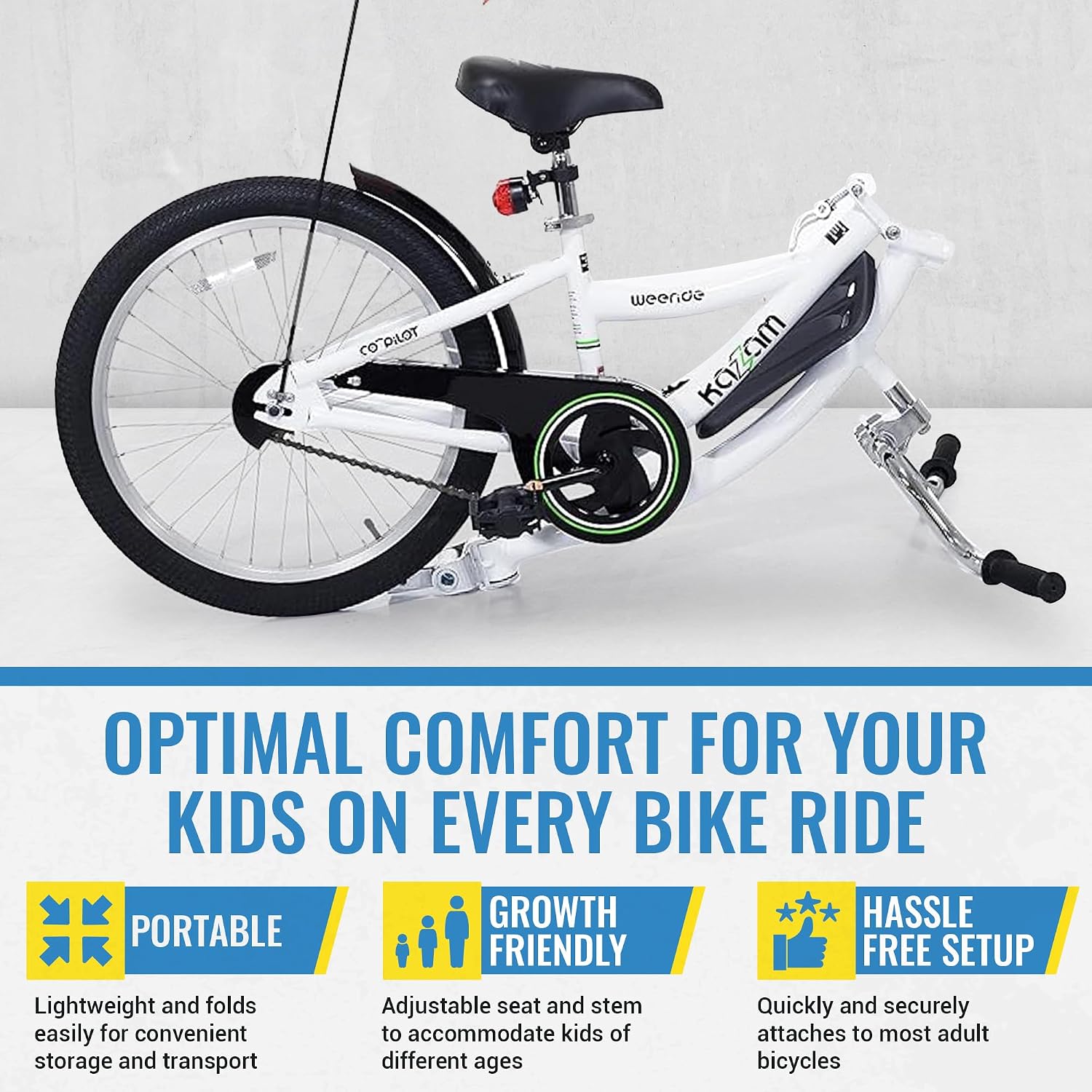 KaZAM Co-Pilot Bike Trailer - 20 Inch Bike Trailer with Adjustable BMX Stem and Handlebar - Lightweight Aluminum Frame and Padded Saddle for Cycling - Perfect for Family Rides