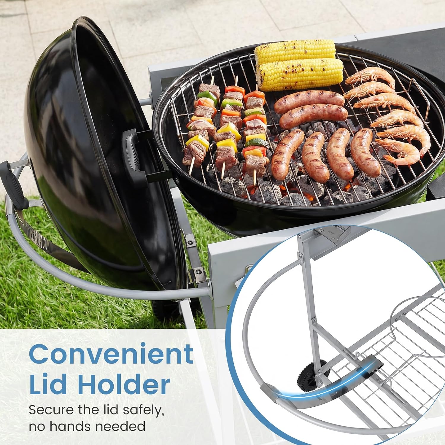 HAPPYGRILL Outdoor Grill Table for 18'& 22' Weber Original Kettle, Movable BBQ Grill Cart w/Wire Rack, Seasoning Rack & Garbage Can, Prep Kitchen Island w/Storage for Backyard Camping Picnic