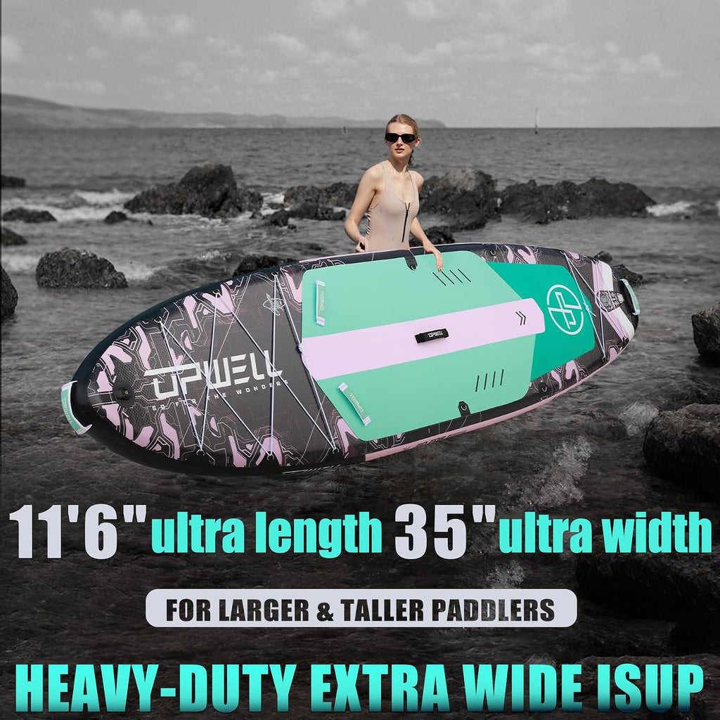 UPWELL 11'6'×35' Extra Wide Inflatable Paddle Board, Stand Up Paddle Board for Youth & Adults, Stable Design, Premium SUP Accessories, 120L Backpack, 10L Dry Bag, Paddle, Leash, Hand Pump, US Fins