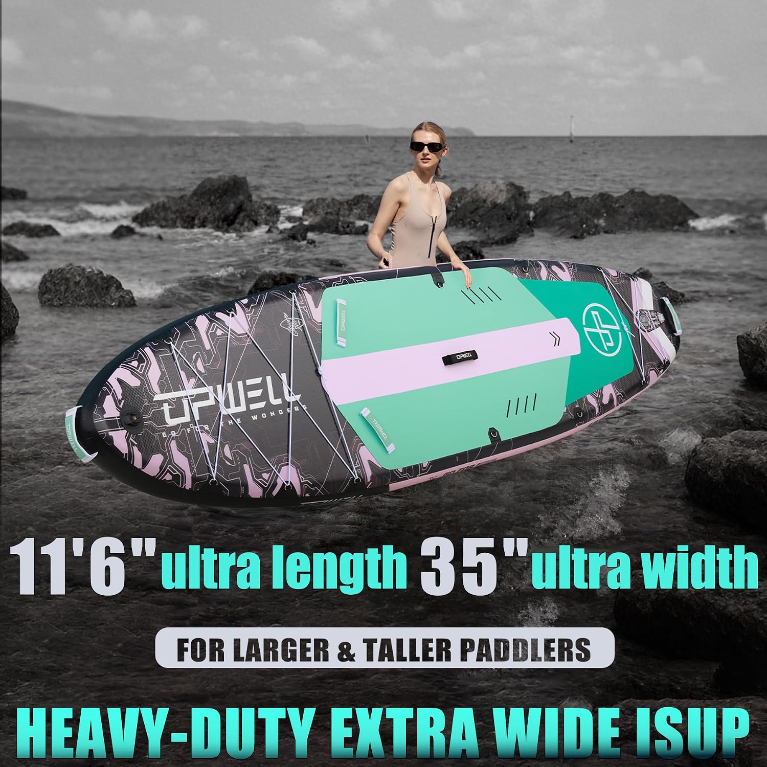 UPWELL 11'6'×35' Extra Wide Inflatable Paddle Board, Stand Up Paddle Board for Youth & Adults, Stable Design, Premium SUP Accessories, 120L Backpack, 10L Dry Bag, Paddle, Leash, Hand Pump, US Fins
