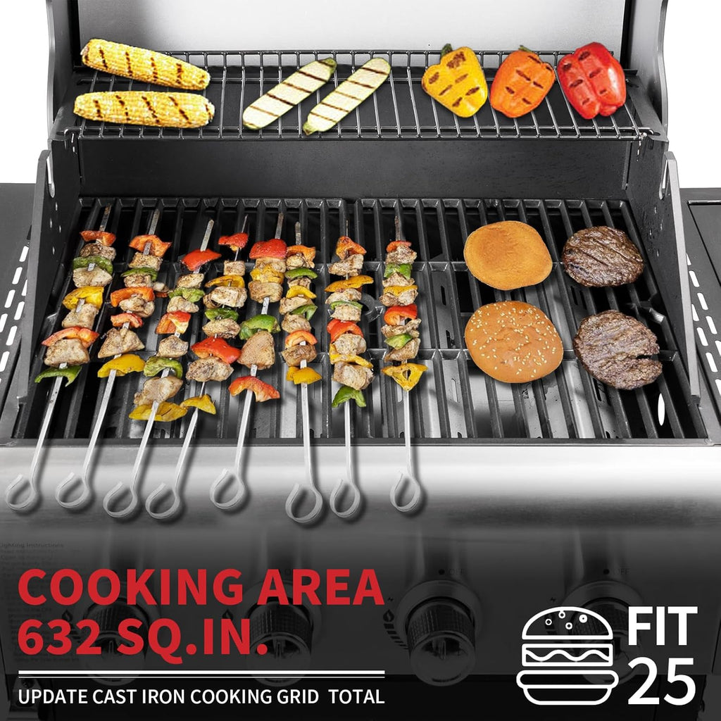 Kendane 4-Burner Propane Gas BBQ Grill with Side Burner, Barbecue Gas Grill with Enameled Cast Iron Grates for Outdoor Patio Garden Barbecue, 53,000 BTU, with Stainless Steel Grill Cover