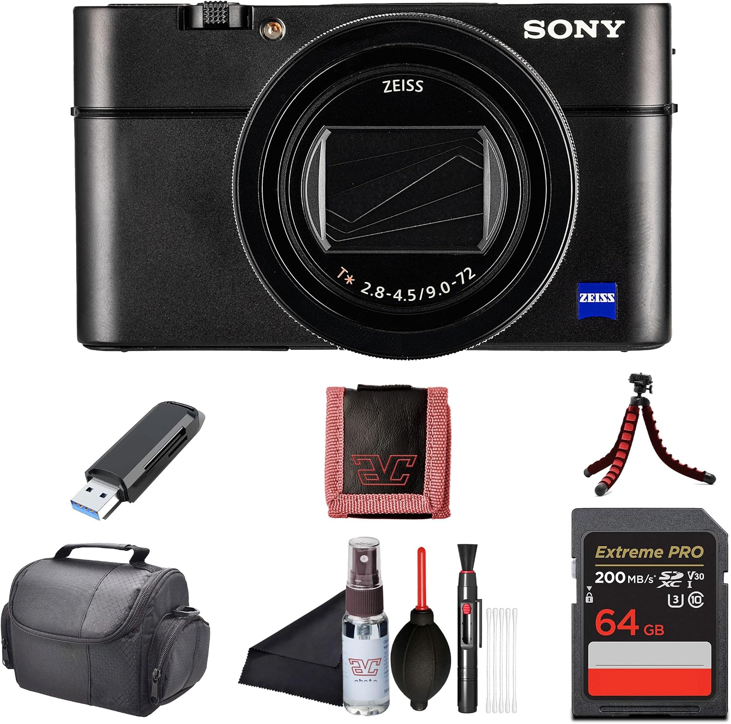 Sony Cyber-Shot RX100 VII Digital Camera (DSC-RX100M7) – 20.1MP 1-Inch Stacked CMOS Sensor | ZEISS 24–200 mm Zoom Lens |64GB Card, Case, Card Reader, Flex Tripod, Card Wallet, Cleaning Kit