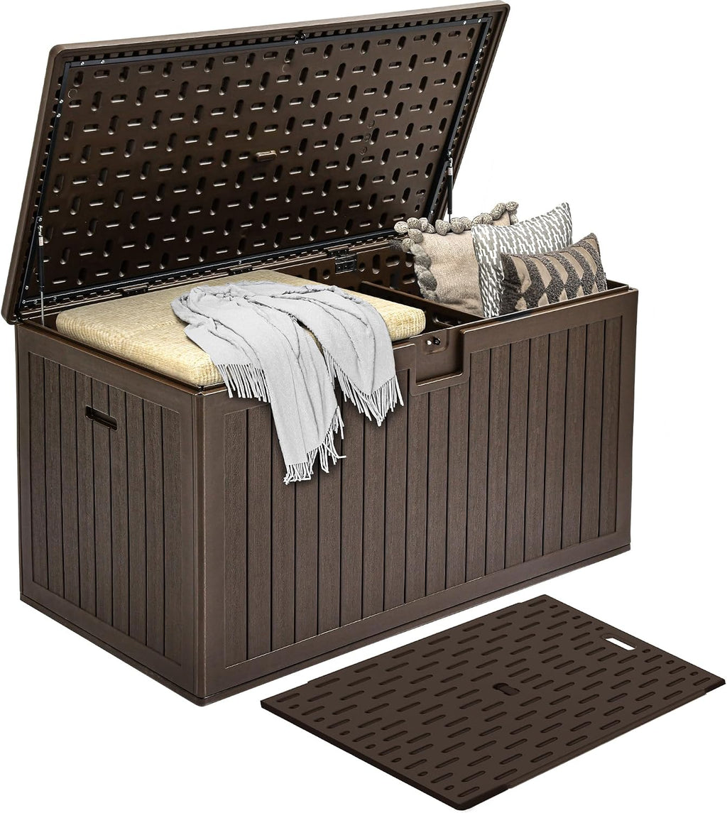 DWVO 260 Gallon Double-Wall Deck Box with Divider, XXL Extra Large Resin Outdoor Storage Box, Lockable & Waterproof, Double as Seating, 1000lbs Capacity (Brown)