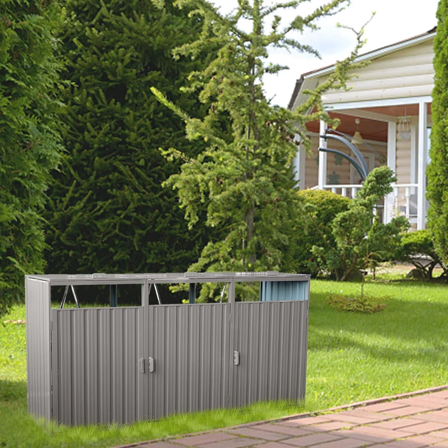 8 x 2.6 ft Outdoor Metal Trash Shed, Storage Shed, Trash Can Storage, Outdoor Garbage Can Organizer, Ideal for 3 Trash Bins, Toys, Weeding Tools (Grey)