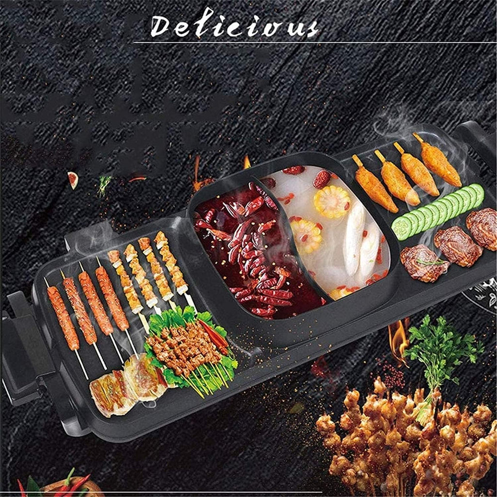Korean BBQ Grill Shabu-Shabu Grilled One-Piece Pot,Electric Smokeless Grill And Hot Pot Non-Stick Coating Separate Dual Temperature Korean BBQ Grill Pot,Household Nonstick