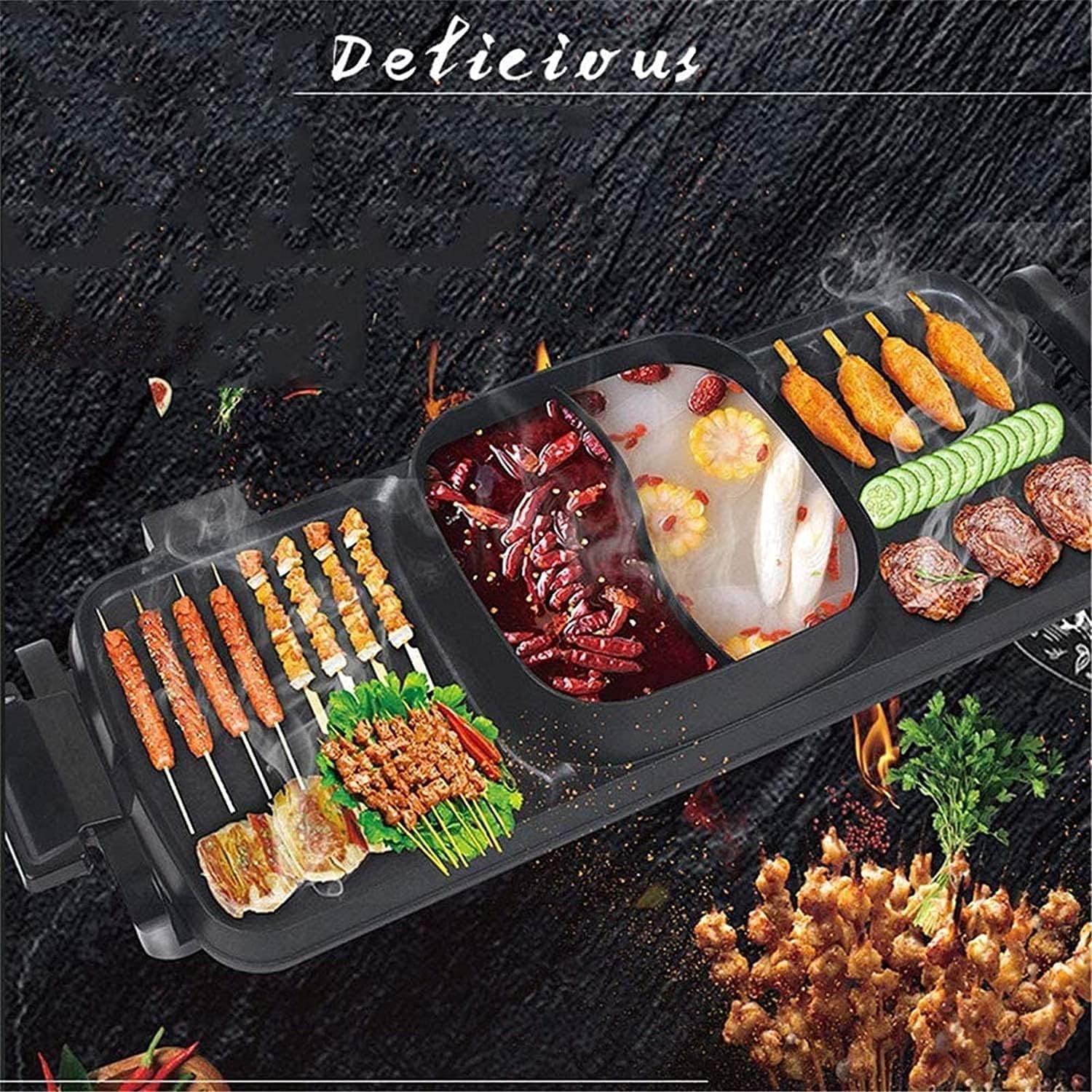 Korean BBQ Grill Shabu-Shabu Grilled One-Piece Pot,Electric Smokeless Grill And Hot Pot Non-Stick Coating Separate Dual Temperature Korean BBQ Grill Pot,Household Nonstick