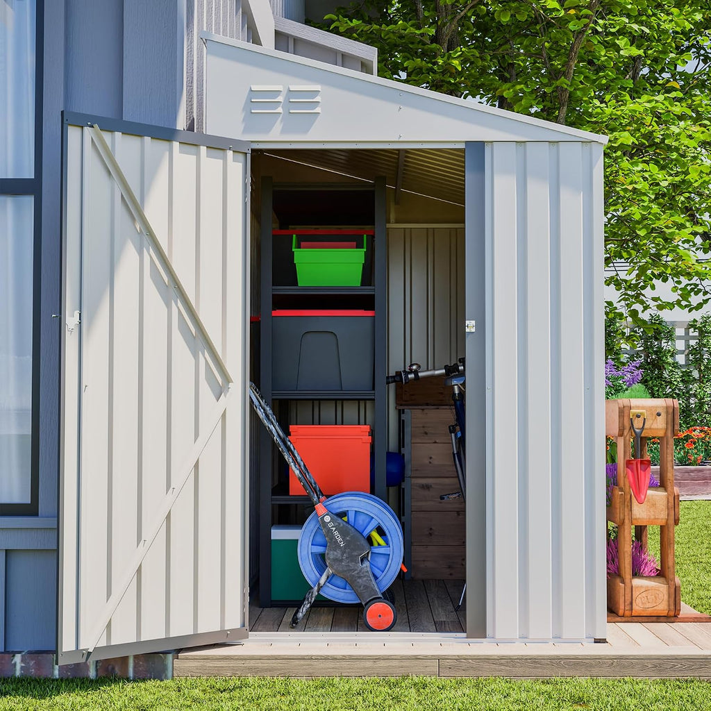 YOPTO 4×7 FT Outdoor Metal Storage Shed,Heavy-Duty Lean to Storage Shed with Lockable Door and Reinforced Beams,All Weather Waterproof Storage House W/2 Air Vents,for Backyard,Patio,Lawn,White