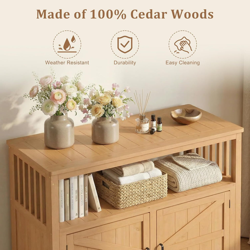Mederlo Wooden Patio Bar Table with Storage, Cedar Outdoor Buffet Cabinet Sideboard, 42 x 18 x 37 in Serving Station with Double-Layer Tabletop for Patio, Deck, Backyard, Indoor