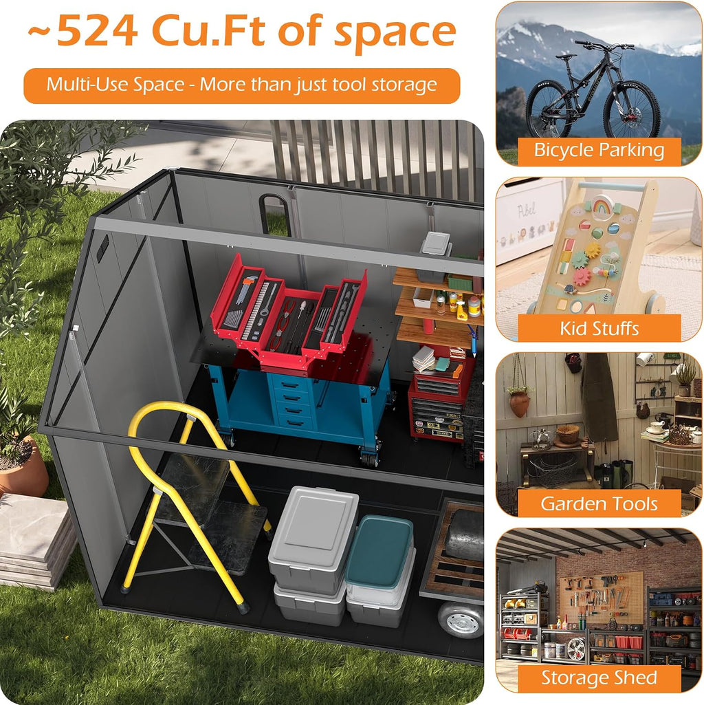 Domi 8x10Ft Resin Outdoor Storage Shed with Floor, Plastic Garden Storage Shed, Outside Weatherproof Storage Building for Tools, Bike, Lawn Mower, Patio, Backyard