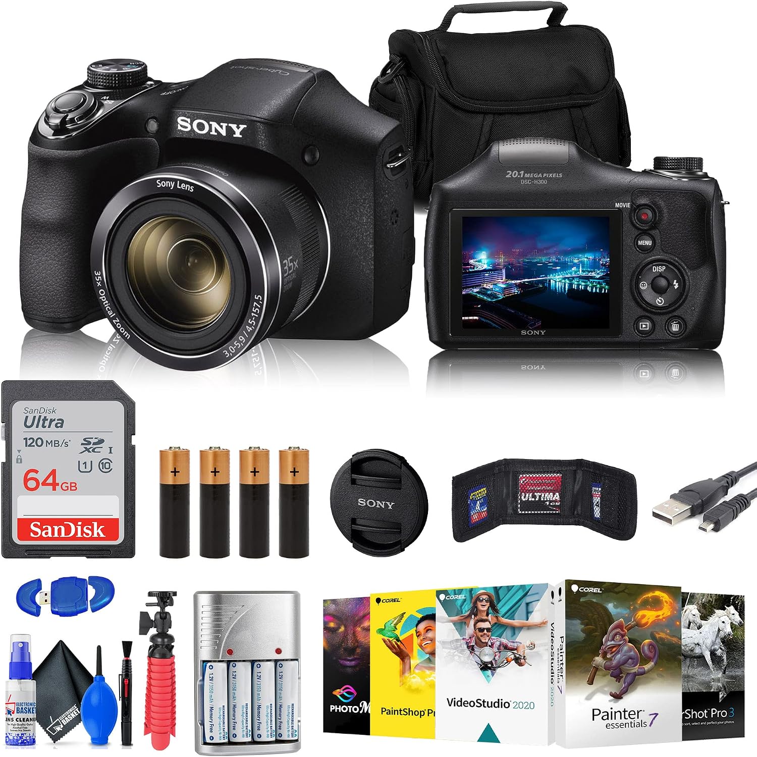 Sony Cyber-Shot DSC-H300 Digital Camera (Black) (DSCH300/B) + 64GB Memory Card + Card Reader + Photo Software + Case + Flex Tripod + 4xAA Batteries + Memory Wallet + Cleaning Kit (Renewed)